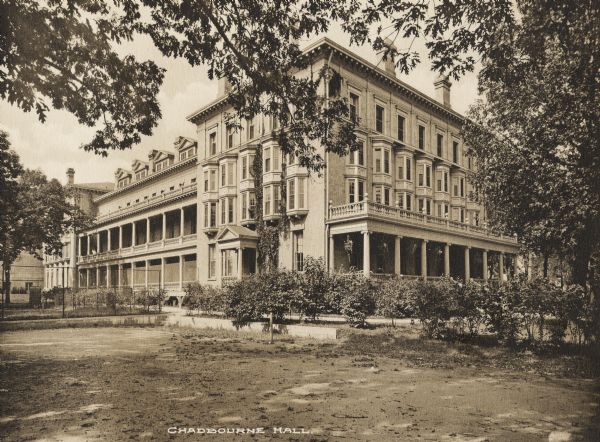 Exterior of dormitory on the University of Wisconsin-Madison campus.  The first hall of this name; it was later razed to make way for a larger dormitory of the same name.