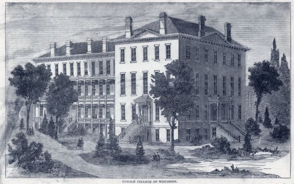 Hall, built in 1870, on the University of Wisconsin-Madison campus. Below the image is the caption "Female College of Wisconsin."