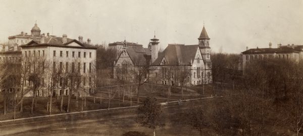 Elevated view across Park Street of Chadbourne Hall on the University of Wisconsin-Madison campus.  Adjacent buildings (to the hall) along Park Street are, centered, Music Hall, and on the top left is the dome of Bascom Hall (formerly Main Hall).