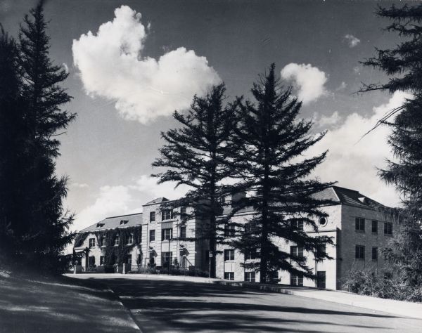 Exterior from road of the women's dormitory, Elizabeth Waters Hall, on the University of Wisconsin-Madison campus. Built in 1940 as the campus home for four hundred and eighty-six University women, and named in honor of a former regent of the University.