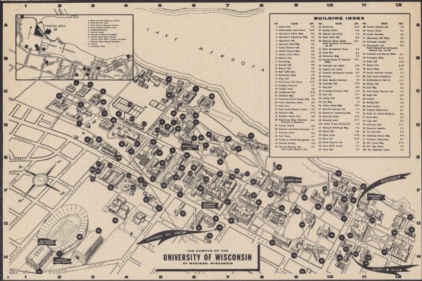 University of Wisconsin-Madison campus. Numbers in circles identify buildings across campus with the building index. Black arrows point out important information for viewers.