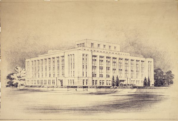 Rendering of the Memorial Library building on the University of Wisconsin-Madison campus. The drawing of the building depicts a group of people near the entrance.