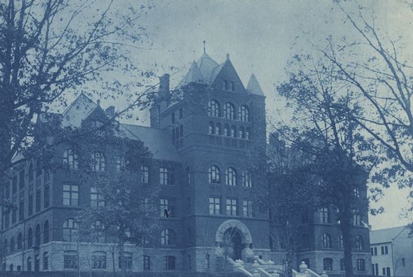 Cyanotype print of Science Hall across Park Street, looking northeast, on the University of Wisconsin-Madison campus.