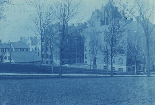 Cyanotype view of the west facade across Bascom Hill of University of Wisconsin-Madison Science Hall.