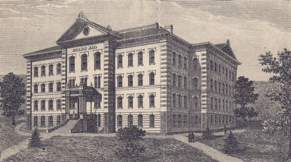 Engraving of the first Science Hall at University of Wisconsin-Madison.