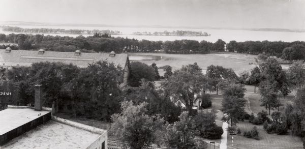 View from the tower of the Congregational Church towards Lake Mendota and the University of Wisconsin-Madison campus. Picnic Point is in the center background.