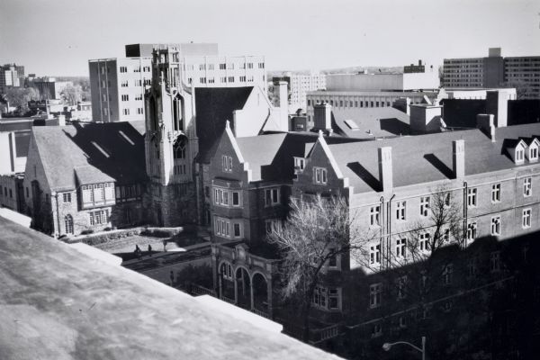View looking southeast from the State Historical Society of Wisconsin toward the University Club, the Pres House, and dormitories in the far background.