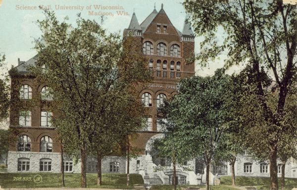 Science Hall main entrance at the intersection of Park Street and Langdon Street on the University of Wisconsin-Madison campus. Caption reads: "Science Hall, University of Wisconsin, Madison, Wis."