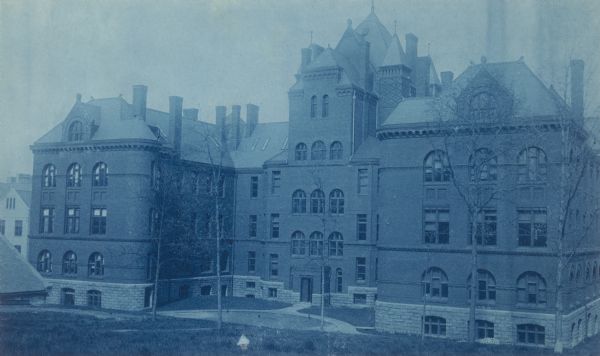 Cyanotype view of Science Hall, looking northwest from Bascom Hill, on the University of Wisconsin-Madison campus.