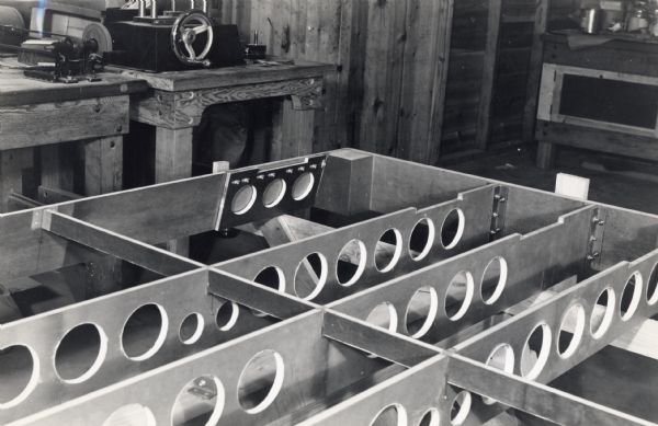 Close-up view of the construction of the glider floor manufactured by the Consolidated Paper Company as part of its war effort during World War II.