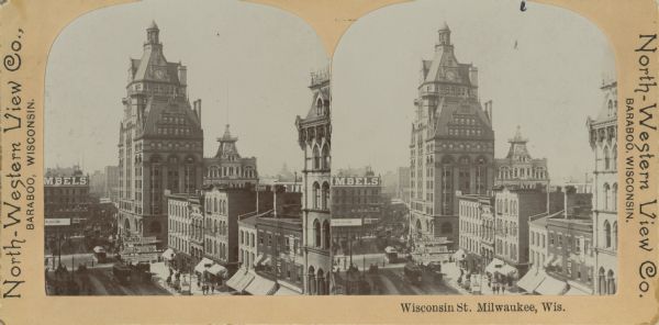 Stereograph of Wisconsin Street looking west to Grand Avenue.