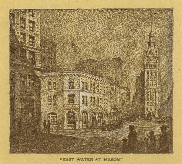 East Water Street at Mason, looking at the Morris E. Fox & Co. building.