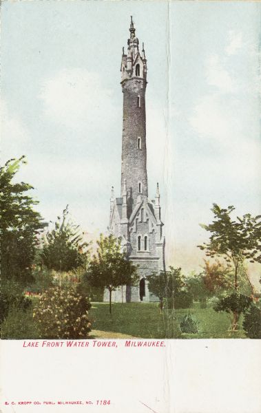 Water Tower surrounded by trees. Caption reads: "Lake Front Water Tower, Milwaukee."