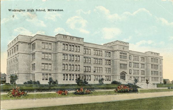 Exterior view of the high school. Caption reads: "Washington High School, Milwaukee."