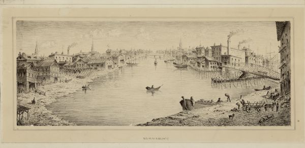 Milwaukee River near the Milwaukee settlement. People are depicted doing work in boats along the shore. Original is a pen and ink drawing, presumably made as an illustration.