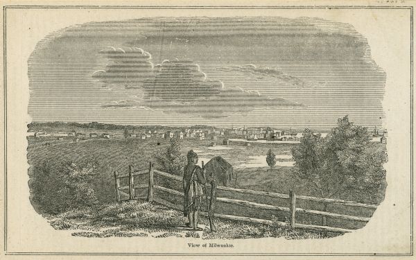 Drawing of a Native American man looking into the Milwaukee settlement.