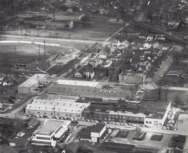 Aerial view of the Miller Electic Manufacturing Co. and surrounding area.