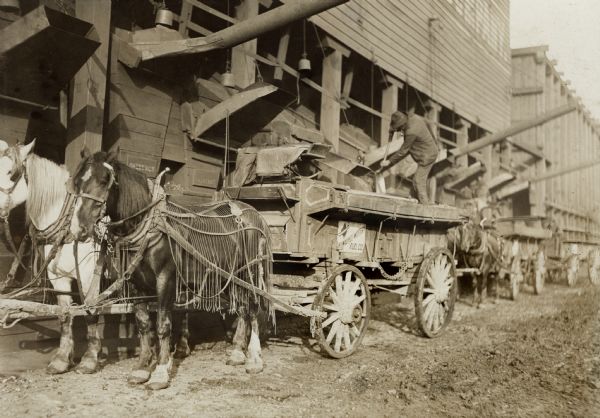 Two horses hitched up to a Milwaukee Western Fuel Company cart stopped at a station, with a man standing on the wagon filling the cart with hard coal for home use from a chute. A sign on the side of the wagon reads: "Milwaukee-Western Fuel Co."