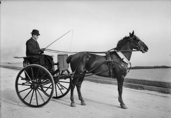 A racer posing on the track with his horse and carriage. The horse appears to be wearing blinders.The man is wearing a coat and hat, and is holding a whip.