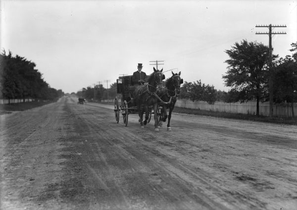 Two horses pulling a carriage with a driver on a dirt road.