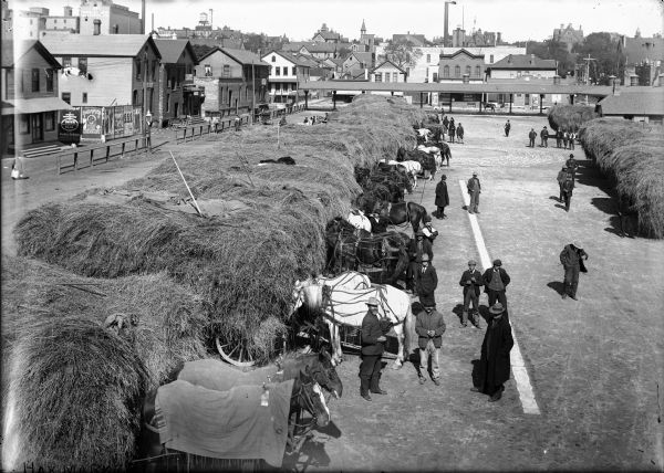 Elevated view of horse-drawn carts filled with hay and parked in rows at a market.  Men stand between the rows, and houses surround the market square.