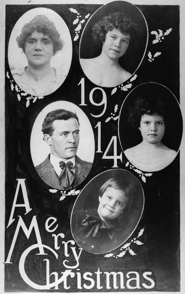 A Christmas card with oval family portraits of (from top left clockwise) Alma Reinhardt-Taylor, Ellen Taylor-Higgins, Donna Taylor-Adams, Fred Taylor, and J. Robert Taylor. The card reads "1914, A Merry Christmas".