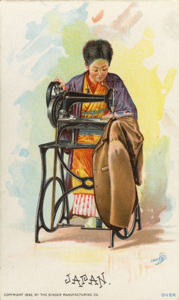 Chromolithograph card of a woman in "native" Japanese costume, posing next to a Singer sewing machine. Part of a "Costumes of All Nations," set created as a souvenir at the 1893 World's Columbian Exposition.