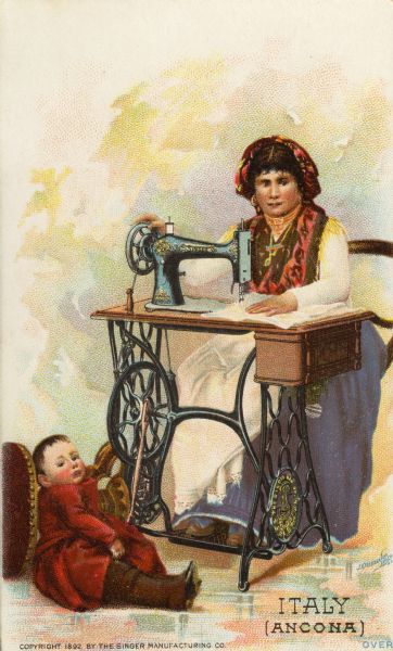 Chromolithograph card of an Italian woman in "native" costume from Ancona with a baby, posing next to a Singer sewing machine. Part of a "Costumes of All Nations," set created as a souvenir at the 1893 World's Columbian Exposition.