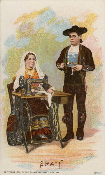 Chromolithograph card of a Spanish couple from Salamanca in "native" Salamancan costume, posing next to a Singer sewing machine. Part of a "Costumes of All Nations," set created as a souvenir at the 1893 World's Columbian Exposition.