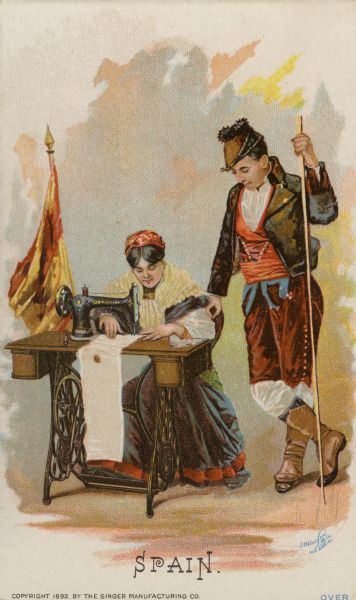 Chromolithograph card of an Spanish couple from Corunna in "native" Corunnan costume, posing next to a Singer sewing machine. Part of a "Costumes of All Nations," set created as a souvenir at the 1893 World's Columbian Exposition.
