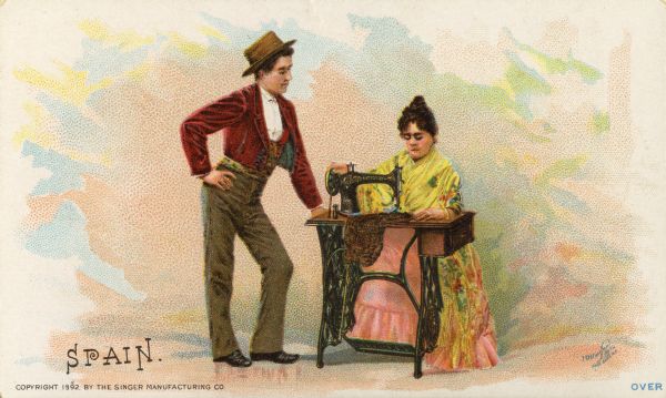 Chromolithograph card of an Spanish couple from Sevilla [Seville] in "native" Sevillan costume, posing next to a Singer sewing machine. Part of a "Costumes of All Nations," set created as a souvenir at the 1893 World's Columbian Exposition.