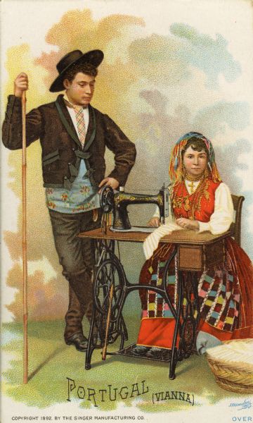 Chromolithograph card of an Portuguese couple from  Vianna in "native" Portuguese costume, posing next to a Singer sewing machine. Part of a "Costumes of All Nations," set created as a souvenir at the 1893 World's Columbian Exposition.