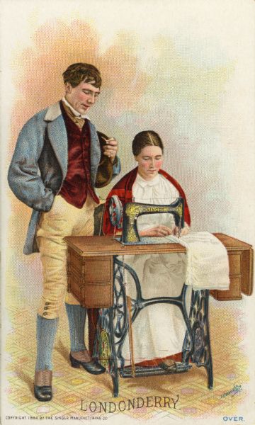 Chromolithograph card of an Irish couple from Londonderry in "native" Irish costume, posing next to a Singer sewing machine. Part of a "Costumes of All Nations," set created as a souvenir at the 1893 World's Columbian Exposition.