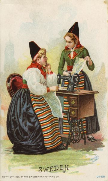 Chromolithograph card of two Swedish women in "native" Swedish costume, posing next to a Singer sewing machine. Part of a "Costumes of All Nations," set created as a souvenir at the 1893 World's Columbian Exposition.