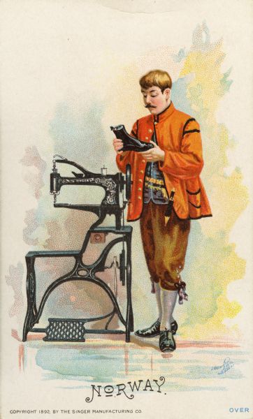 Chromolithograph card of a man from Norway in "native" Norwegian costume, posing next to a Singer sewing machine. Part of a "Costumes of All Nations," set created as a souvenir at the 1893 World's Columbian Exposition.