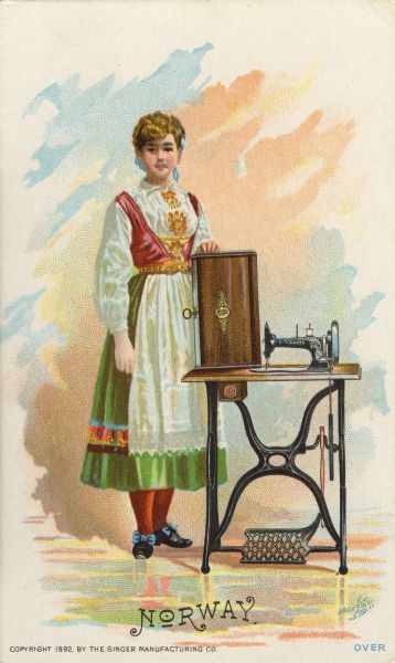 Chromolithograph card of a woman from Norway in "native" Norwegian costume, posing next to a Singer sewing machine. Part of a "Costumes of All Nations," set created as a souvenir at the 1893 World's Columbian Exposition.
