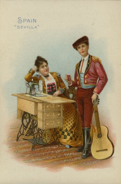 Chromolithograph card of a couple from Sevilla, Spain in "native" costume, posing near a Singer sewing machine. The man is holding a small glass of wine and leaning on an acoustic guitar.