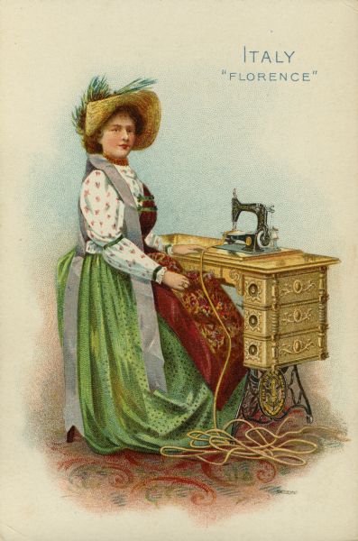 Chromolithograph card of a woman from Florence, Italy in "native" costume, posing near a Singer sewing machine.