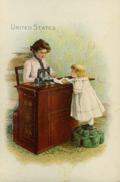 Chromolithograph card of an American woman, posing near a Singer sewing machine. Her daughter stands on a pillow, watching as her mother sews.
