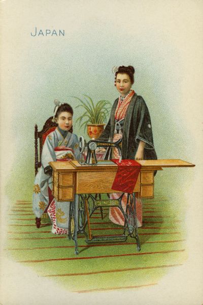 Chromolithograph card of two women from Japan in "native" costume, posing near a Singer sewing machine.