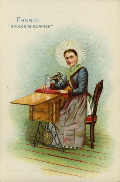 Chromolithograph card of a woman from Boulogne-sur-mer, France in "native" costume, posing near a Singer sewing machine.