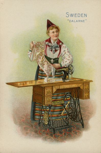 Chromolithograph card of a woman from Dalarne, Sweden in "native" costume, posing near a Singer sewing machine.