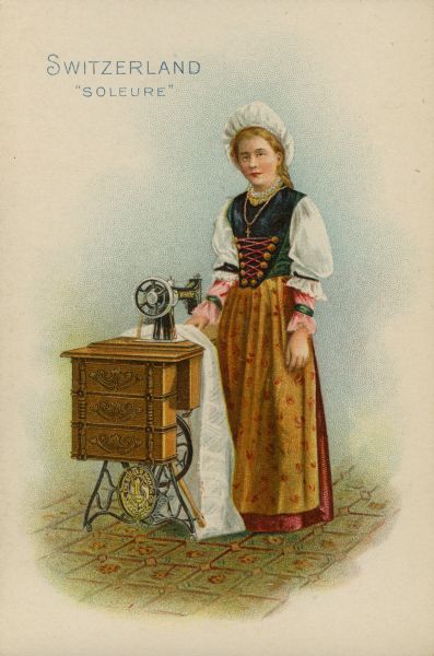 Chromolithograph card of a woman from Soleure, Switzerland in "native" costume, posing near a Singer sewing machine.