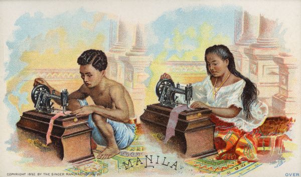 Chromolithograph card of a boy and a girl from Manila, the capital city of the Philippines, in "native" Filipino costume, posing next to a Singer sewing machine. Part of a "Costumes of All Nations," set created as a souvenir at the 1893 World's Columbian Exposition.