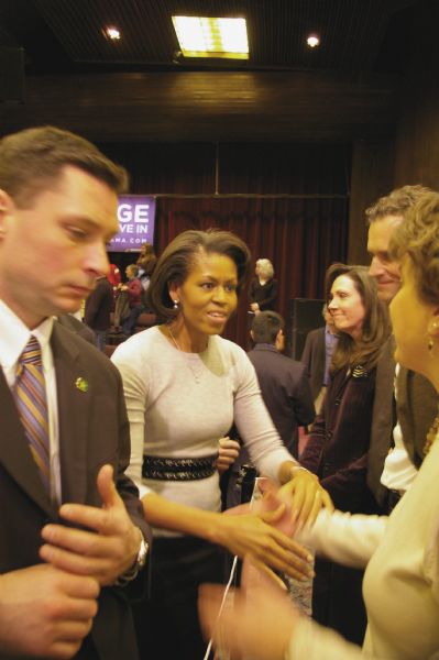 Michelle Obama, wife of politician Barack Obama, greeting Wisconsin State Representative Jennifer Shilling at the University of Wisconsin-La Crosse.
