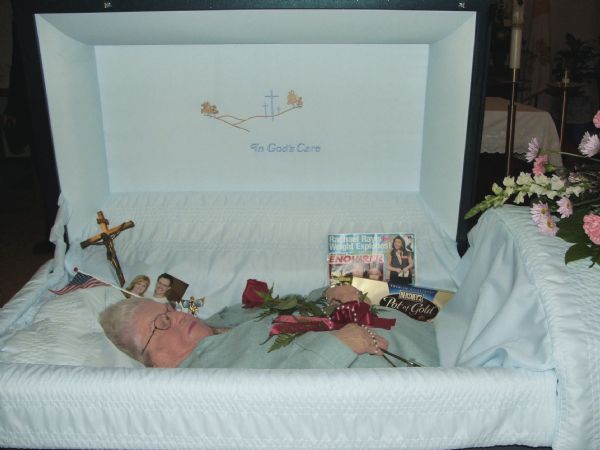 Open casket of Margaret Brom, during a wake at St. Bart's.