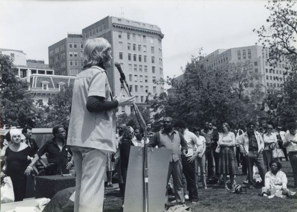 Civil rights activist Anne Braden speaking to a rally that was called by the National Anti-Klan Network, an organization of which she was a founder.