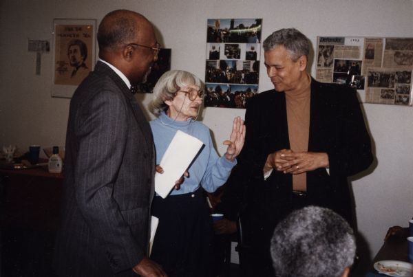 Civil rights activists Bob Cunningham, Anne Braden, and Julian Bond during an event at the Braden Center.