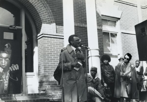 Rev. C.T. Vivian, a nationally prominent civil rights leader.  Although unidentified, it is thought that he is speaking at an event sponsored by the National Anti-Klan Network (later the Center for Democratic Renewal), an organization that he founded with Anne Braden in 1979.