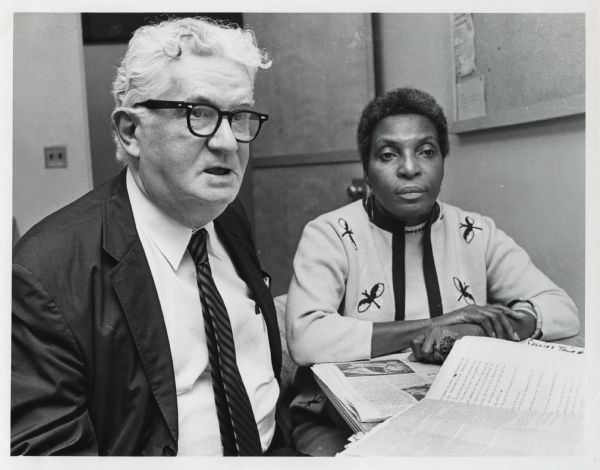 Civil rights and anti-war activists Carl Braden and Virginia Collins being interviewed during a speaking tour sponsored by the Southern Conference Educational Fund (SCEF). Mrs. Collins was the mother of jailed activist Walter Collins, who was also a SCEF officer.